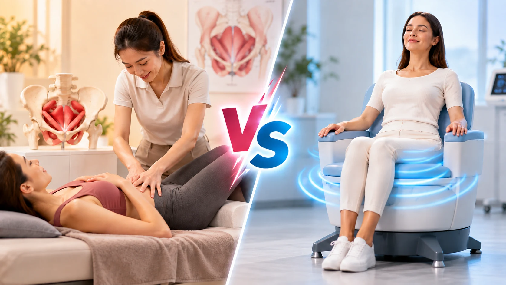 盆底物理治疗与一名女性坐在凯格尔椅上的对比画面