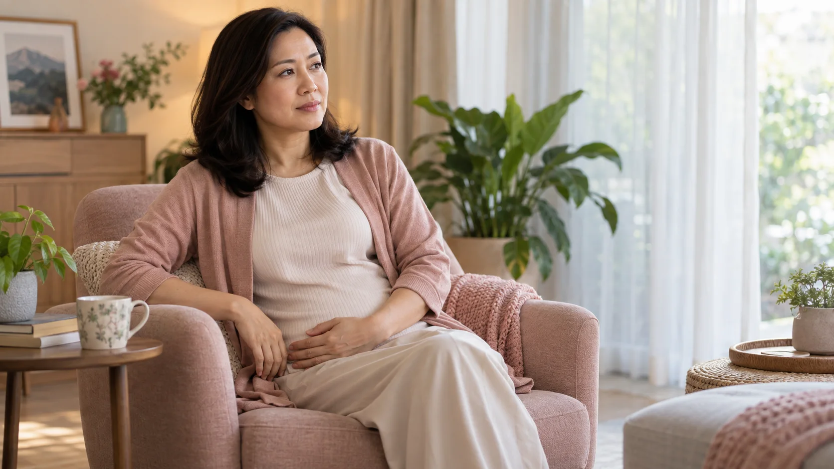 一名女性在安静私密的环境中留意盆腔压力症状