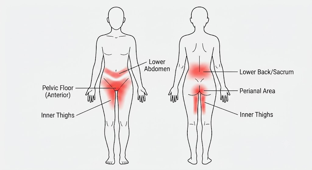 Common pelvic pain symptoms and affected areas of the body